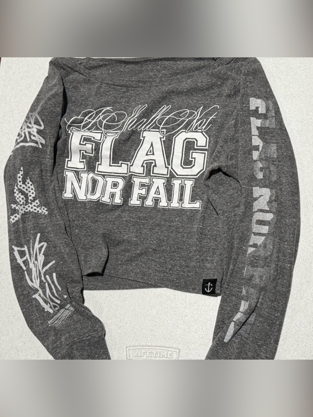 Flag Nor Fail Grey Small wide neck Long Sleeve Crop Top
